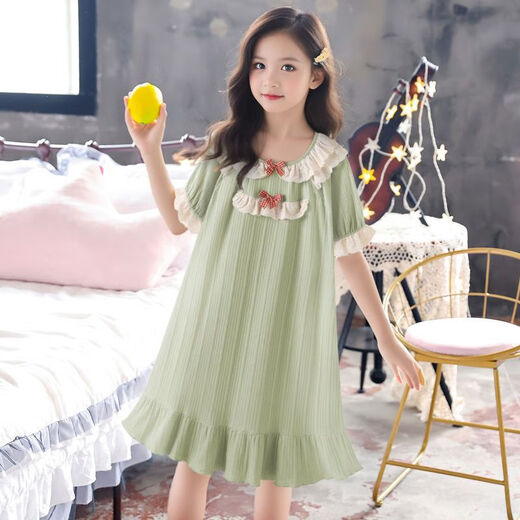 Snoopy, летняя новая ночная рубашка в стиле принцессы с короткими рукавами для девочек, свободная ночная рубашка для девочек, ледяной шелк, детские пижамы среднего и большого размера, 687, кружевная ночная рубашка с короткими рукавами и бантом, абрикосовая ночная рубашка 160 см