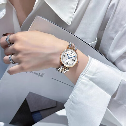 Gelangdi Light Luxury Mode Women's Watch Kalender wasserdichte Stahl Quarz Watch High-End-Sinn für Promi-Abendessen National Watch Diamond-Set Watch H9716L GOLD WEISSE SAMPFE 32mm