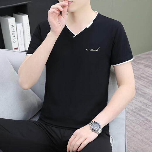 七匹狼（septwolves）夏季纯棉男士短袖恤领薄款修身青年潮流半截袖男休闲鸡心领体恤 蓝灰色 QY694 4XL 【170-190斤】