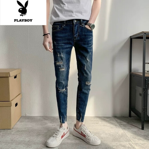 
Playboy slim style spring and summer new style 2025 Korean style trendy brand old ripped slim fit trousers stretch nine-point jeans men [A9738] 28