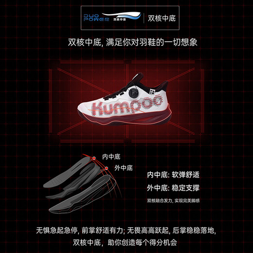 薰风（KUMPOO）羽毛球鞋透气减震防滑耐磨熏风专业厚羿PRO KH-G826S 白红黑  39