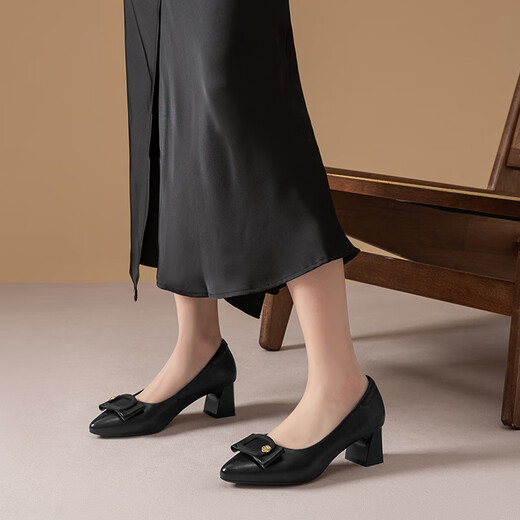 
Red Dragonfly Leap Moon Shoes High Heels 25 Spring Thick Heels Women's Shoes Pointed toe Workplace Small Leather Shoes Single Shoes WLB15124 Black 40