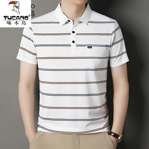 Woodpecker Ice Silk Cooles, atmungsaktives Kurzarm-T-Shirt für Herren, Sommer, dünnes, lockeres Revers, echte Tasche, bequemes POLO-Shirt-Oberteil 9909, Weiß, M 165, empfohlen 120Jin Jin entspricht innerhalb von 0,5 kg