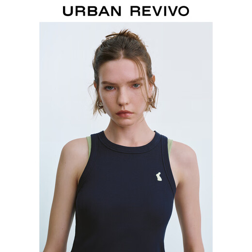 UR2025 summer new women's clothing fashion casual contrast embroidery pattern slim vest UYY450067 ink blue S