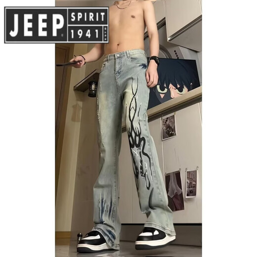 Jeep Spirit Jeep Flame Jeep Jeans Herren Sommertrendmarke Straight Pants High Street Style 692-Black XL [120-135jin [Jin entspricht 0,5 kg]]