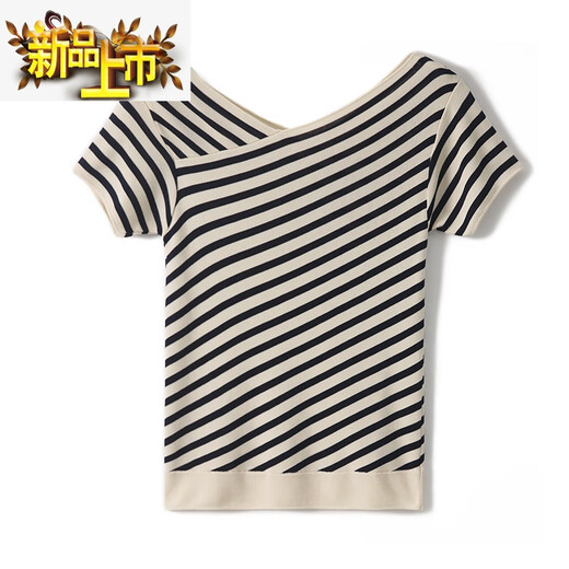 First-diameter French striped short-sleeved T-shirt for women in summer new style loose slim v-neck thin knitted sweater ice silk top DX829# striped color S recommended 85-99Jin [Jin equals 0.5 kg]
