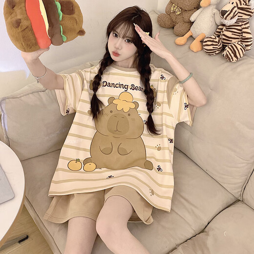Junjunsui Dimei Kiti Cat Pajamas for Women in Summer 2025 New Pure Cotton Short Sleeve Cartoon Student Large Size Summer Home Suit Set Short-Z-9922 L [Suggested 100-120Jin [Jin equals 0.5 kg]]