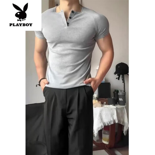 Playboy (PLAYBOY) flower gray slim waist-tight waist Henry shirt short-sleeved men's summer American heavy muscles T-shirt fitness base shirt Light gray upgraded model 90% buyers choose M suitable for 100-120 Jin [Jin equals 0.5 kg]