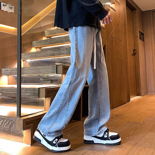 JEANSWEST scimitar scimitar jeans boys American high street wide-leg straight black casual bell-bottom pants men's summer thin style 621 black [drawstring style] L [120-140Jin [Jin equals 0.5 kg]]