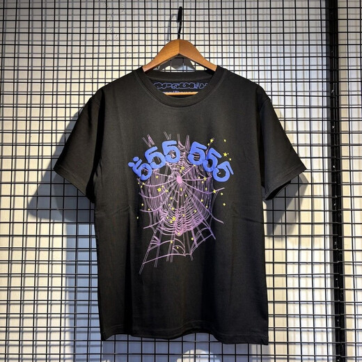 
Fadenjue American Sp5DER 555555 Summer foam spider web printing men and women couples loose casual short-sleeved T-shirt 6218# black (230g double yarn fabric) S