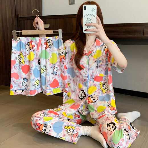 Pajama de primavera y verano de Hanrui para mujeres seda de seda de leche de dibujos animados de tres piezas ropa casera 14124 170 m
