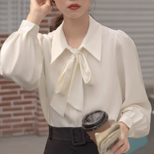Nanmu Xiong shirt bow lantern sleeve spring and autumn new white commuter shirt women's formal dress ribbon design professional top lantern sleeve shirt M 85-115Jin Jin equals 0.5 kg