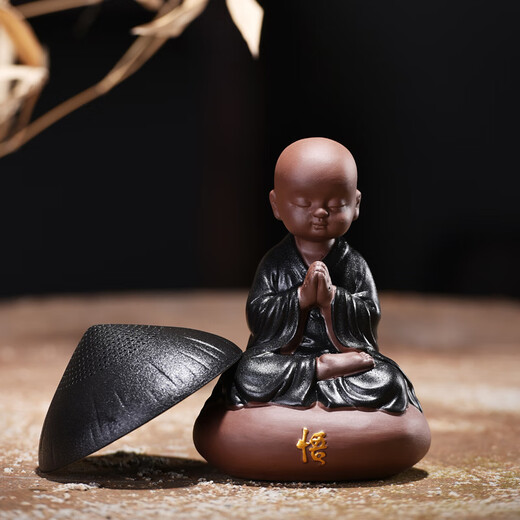 Chinese style little monk purple clay ornaments Zen living room office tea table desktop creative tea pet little novice decorations high-end enlightened little monk (sitting) + 1 string of Buddhist beads