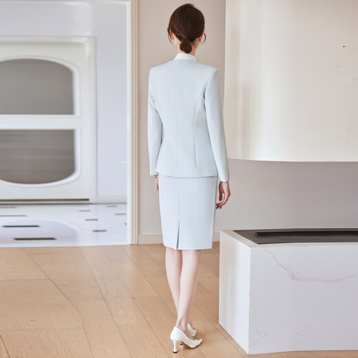 J-ME Business Suit Suit Skirt Host Formal Wear Women's High-End Work Clothes Temperament Goddess Style Sales Department Work Clothes Suit Jacket + Shirt + Skirt (Blue + White) 2XL