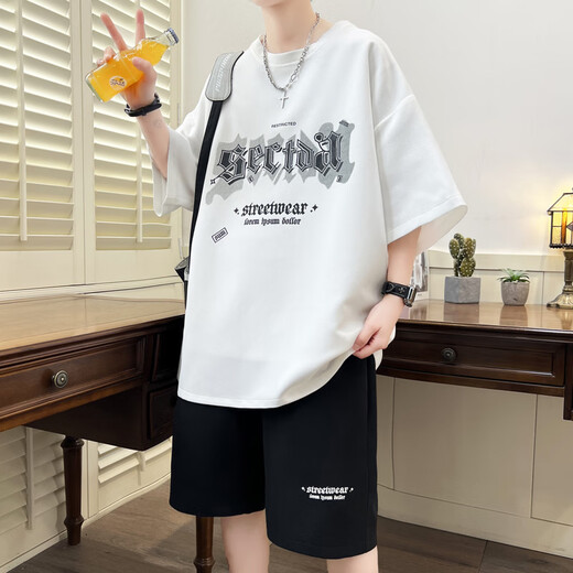 夏季新款短袖t恤男初中高中学生运动套装青少年潮流帅气大童夏装 NZJ-6626黑色(上衣+短裤) 3XL 145至160斤