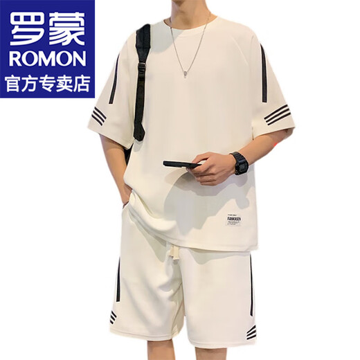 罗蒙（ROMON）港风短袖t恤男士夏季新款休闲运动套装宽松半袖男T上衣服男装 FKS653白色套装 L 约110-130斤可穿