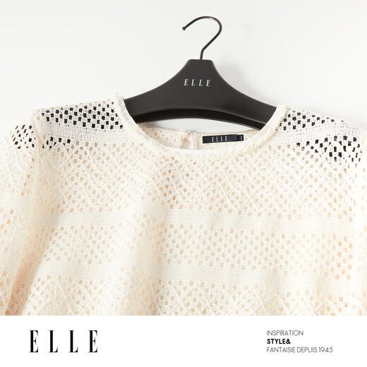 ELLE Cream Venus French fringed round neck casual shirt for women 2026 summer new hollow blouse off-white S