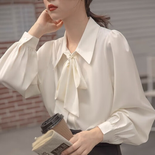 Nanmu Xiong shirt bow lantern sleeve spring and autumn new white commuter shirt women's formal dress ribbon design professional top lantern sleeve shirt M 85-115Jin Jin equals 0.5 kg