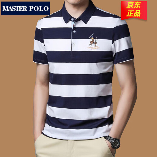 MASTER POLO条纹polo衫夏季商务休闲男士短袖t恤翻领棉体恤宽松潮流上衣服 3882桔色条纹 M