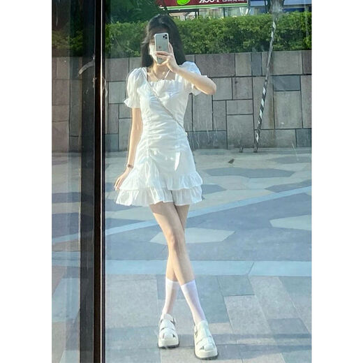 FHHUABD网红小白裙女夏季小个子清纯显瘦收腰可甜初恋系白色泡泡袖连衣裙 698#【白色 长款】 M  建议90-100斤