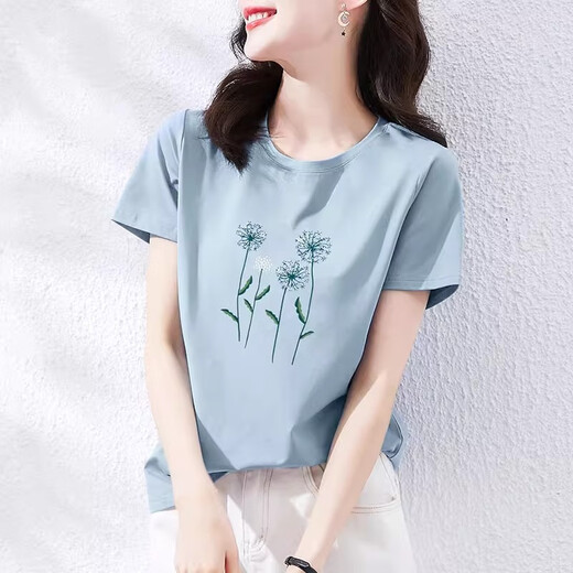 TAGD loose short-sleeved T-shirt for women 2025 summer new pure cotton slim round neck T-shirt fashionable printed casual top 6193 leather powder M (recommended 80-105Jin [Jin equals 0.5 kg])