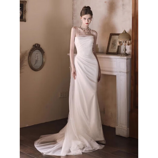 南月奚法式缎面出门轻婚纱晚礼服裙晨袍2025年新娘结婚出门轻婚纱女 象牙白 齐地款裙摆不开叉 S