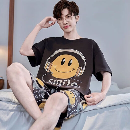 
Caiyun Kali pajamas men's 2025 summer short-sleeved shorts cartoon casual loose home clothes young people can wear thin suits outside 6627 blue letters M student [90-115Jin[Jin equals 0.5 kg]]