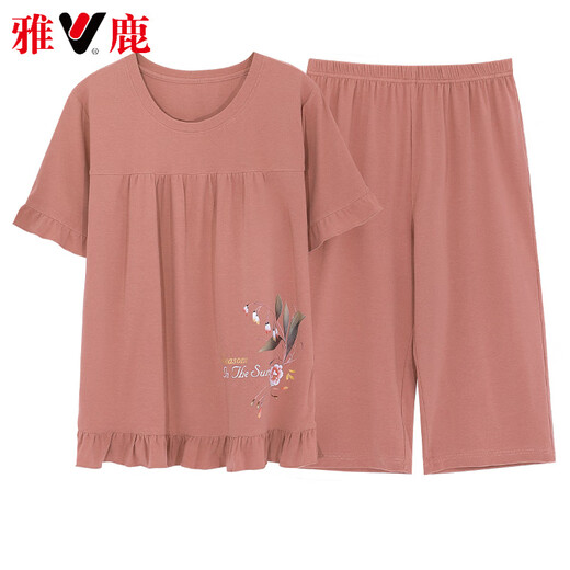 雅鹿高档大码睡衣女夏季纯棉短袖七分裤薄款中年妈妈休闲家居服女款 双蓝色NXF-9856纯棉 妈妈套头短 M 【80-100斤】