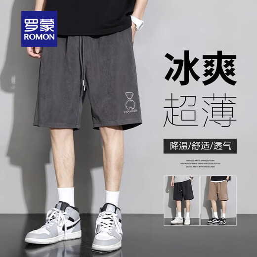 罗蒙休闲裤男美式复古冰丝短裤夏季薄款宽松工装运动男生夏天大裤衩子 KC806黑色 XL （ 130-150斤可穿）