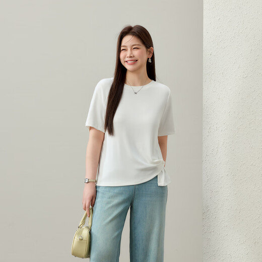 Fiber Show [Fashionable Design Feeling Comfortable Round Neck Short Sleeve T-shirt] Large Size Women's Fat mm2025 Summer New Style 1463 Beige 2XL