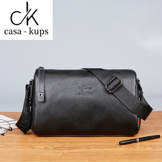 casa-kups真皮男士单肩包大容量邮差包简约时尚圆筒形包新款休闲斜跨商务包 黑色大号1391
