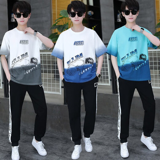Ruibanglai Sommer Teenager Kurzärärmig T-Shirt Boy 13-15 Jahre alte Highschool-Schüler der Junior High School hübscher Sommersportanzug XSD-T9226 Weiß und Blau (Top + Hosen) S 90jin [Jin gleich 0,5 kg] unterhalb