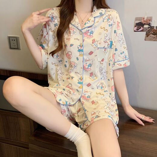琉善睡衣女夏季新款短袖长裤纯棉薄款三件套甜美可爱学生家居服可外穿 FS-14128三件套 M 【75-95】