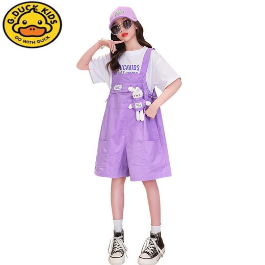G.DUCKKIDS女童夏装背带裤套装2025新款中大童洋气时髦儿童夏天薄款短裤子潮 粉红色 160 cm
