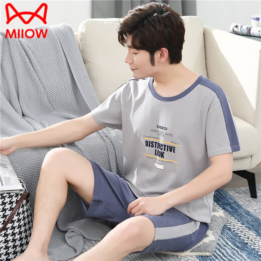 
Catman (MiiOW) pure cotton pajamas men's summer short-sleeved shorts two-piece suit new youth loose large size can be worn outside home clothes 2013 main picture model 9922 M 80-100