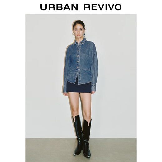 UR2025 Spring New Women's Fashion Retro Waist Slit Long Sleeve Denim Shirt UWG850087