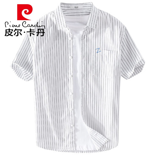 皮尔卡丹（pierre cardin）男士条纹短袖衬衫夏季薄款衣服纯棉刺绣时尚休闲百搭衬衣夏装针织 9740白色 XL 130斤左右