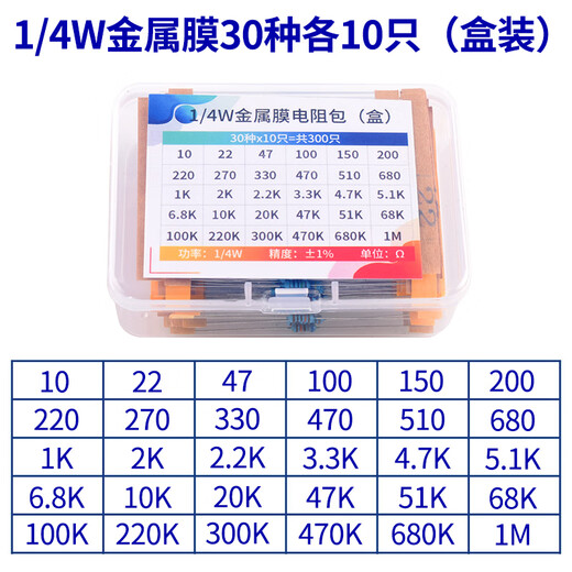 1/4W metal film resistor pack 1/2W1W2W3W5W direct plug electronic component pack 30/41/130 kinds 1% commonly used 1/4W metal film 30 kinds 10 pieces each (boxed)
