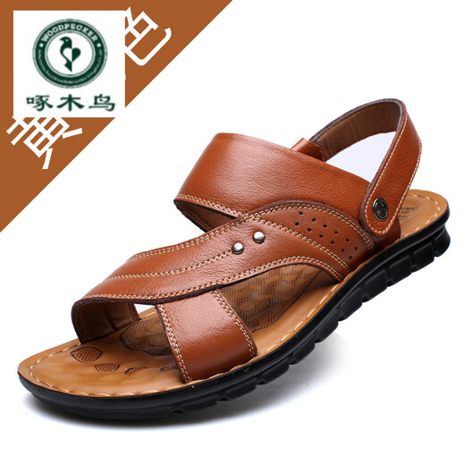 Woodpecker Primavera 2025 Sandalias de hombres nuevas para hombres Zapatos de playa de cuero genuino para hombres Zapatos de moda de hombres transfronterizos al por mayor 12129 Negro 46