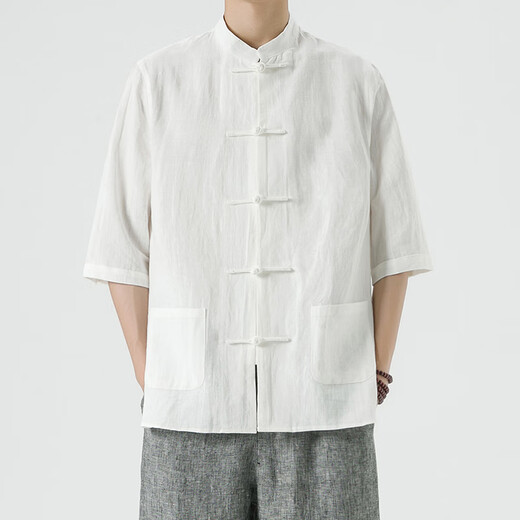 
Yu Zhaolin summer Chinese style linen short-sleeved Tang suit men's retro five-point sleeve Hanfu cotton linen lay Buddhist suit large size half-sleeved tea suit khaki thin style YM001 2XL [150-165Jin[Jin equals 0.5 kg]]