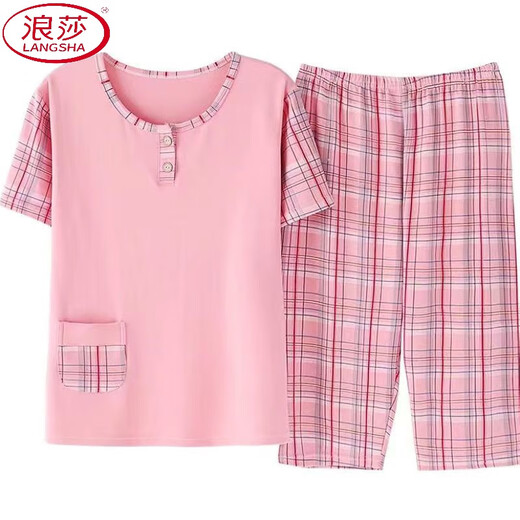 浪莎（LangSha）中年妈妈睡衣女夏季棉短袖七分裤加肥加大码家居服中老年人套装 t3937 3XL (155-185斤)