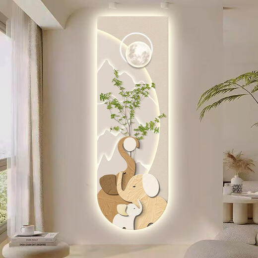 奥瀚定制一家四口大象玄关装饰画奶油风走廊过道挂画灯光高级感墙壁画 T12529 晶瓷防刮水晶面80*240建议1