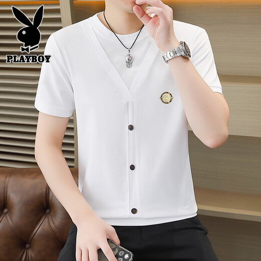 Playboy Summer Ice Seide gestrickt gefälschte zweiteilige kurzärmelige T-Shirt-T-Shirt-Korean-Stil-Slim und kühles kühles, dünnes T-Shirt Top 6626 Khaki 3xL 155-170jin [Jin gleich 0,5 kg]