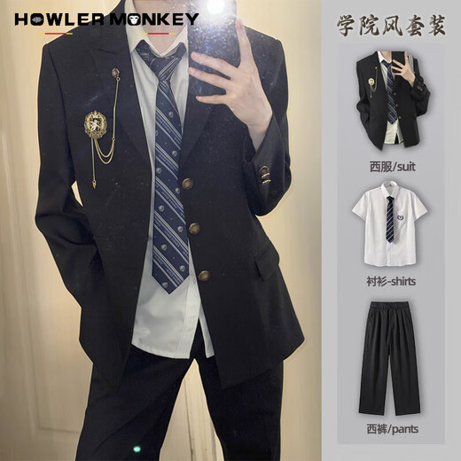 声猴西服套装男士dk小西装职业正装商务结婚jk礼服伴郎学生西服外套男 西服+长衬衫+黑西裤 XL