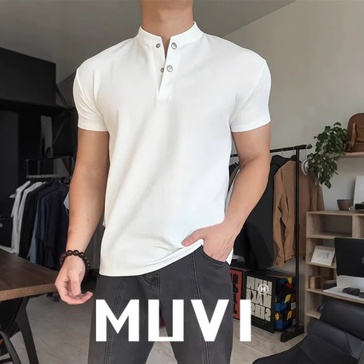 Mu Wei American retro front shoulder polo short-sleeved T-shirt for men's summer new heavy Henry neck slimming bodysuit Grey L [Suggested 120-140Jin [Jin equals 0.5 kg]]