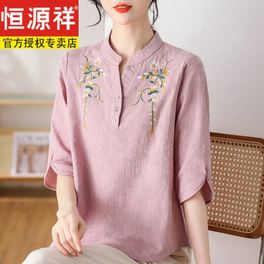 恒源祥母亲节妈妈夏装棉麻套装国风绣花短袖T恤中老年女装新中式两件套 9903绿色 XL 建议80-110斤