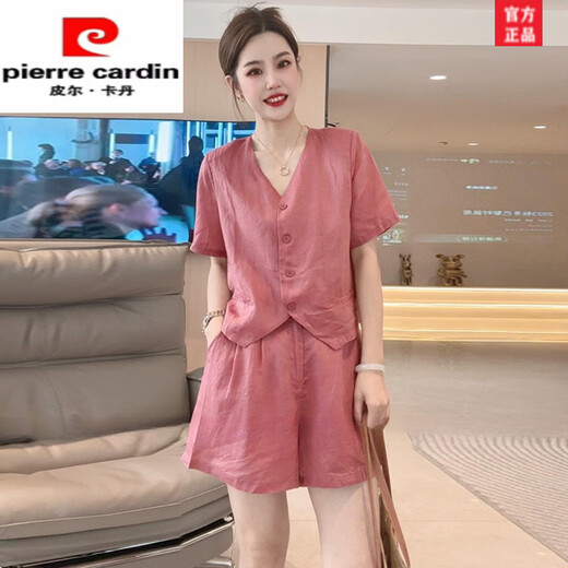 Pierre cardin cotton and linen set for women summer 2025 new European products casual, fashionable and fashionable loose shorts shorts two-piece set mustard green 2XL [recommended 125-140Jin [Jin equals 0.5 kg]]