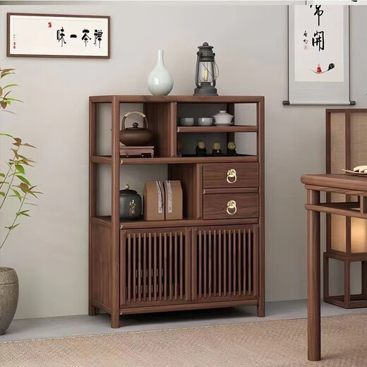 Shuangzhaobo ancient shelf new Chinese style tea room solid wood Duobao Pavilion balcony tea cabinet storage rack living room simple sideboard A style walnut color left cabinet