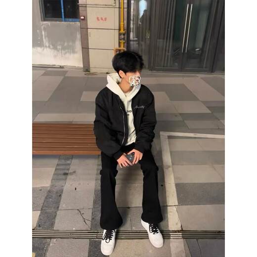 Qumile American hiphop bomber jacket for men and women in autumn and winter loose and trendy baseball uniforms high street handsome clothes jacket black XL recommended 120-140Jin Jin is equal to 0.5 kg