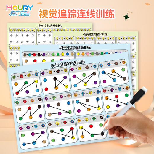 摩力启智（MOURY）儿童专注力教具观察顺序视觉追踪连线训练幼儿园益智区中大班材料 颜色款+数字款视觉追踪+笔擦